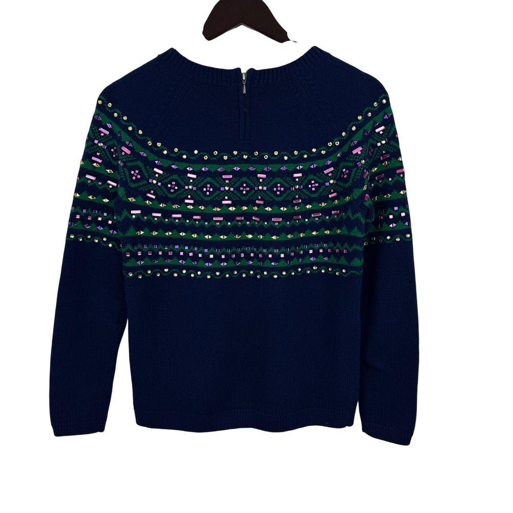 Talbots‎ Petites Navy Blue Embellished Fair Isle Lambswool Blend Sweater SP - Picture 6 of 8